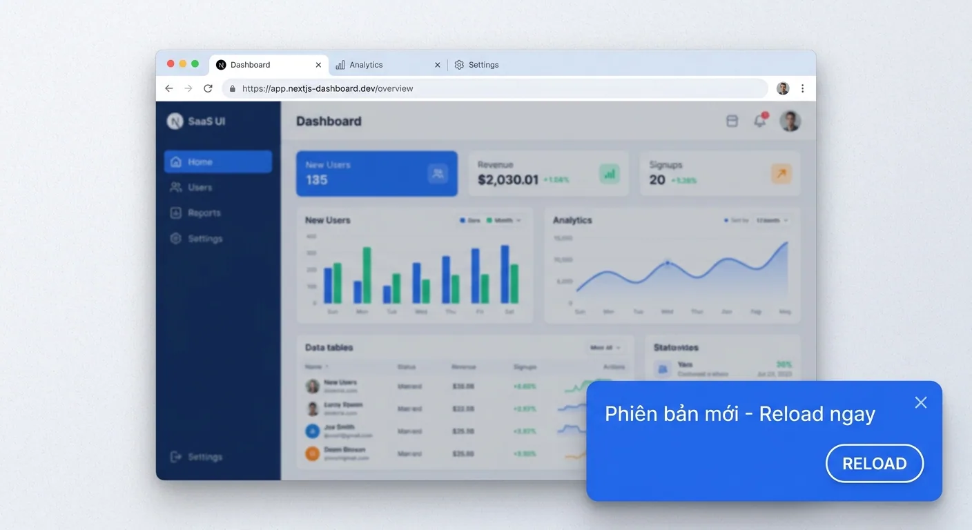 A browser mockup showing a Next.js application with a toast notification in the bottom-right corner, the toast has a blue background with white text reading 'New version available' and a 'Reload now' button, the main app content is slightly dimmed in the background, modern UI with rounded corners and subtle shadow on the toast
