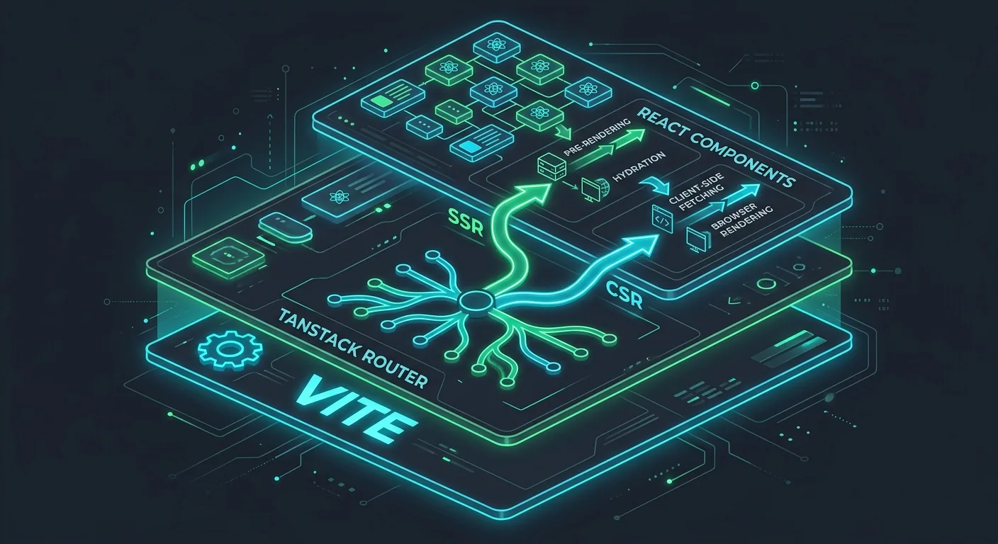 A clean technical diagram showing TanStack Start architecture: Vite as the build layer at the bottom, TanStack Router in the middle handling route definitions, and components at the top with arrows showing SSR and CSR paths branching from each route, using a dark background with green and cyan accent colors, modern flat design style