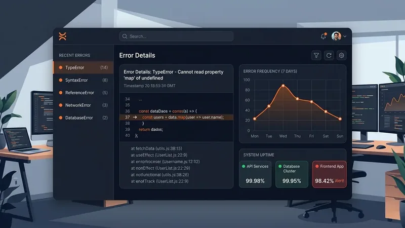 A modern dashboard UI mockup showing GlitchTip-style error tracking interface with a sidebar listing recent errors, a main panel displaying stack trace details, error count chart over time, and uptime status indicators, dark theme with orange accent colors
