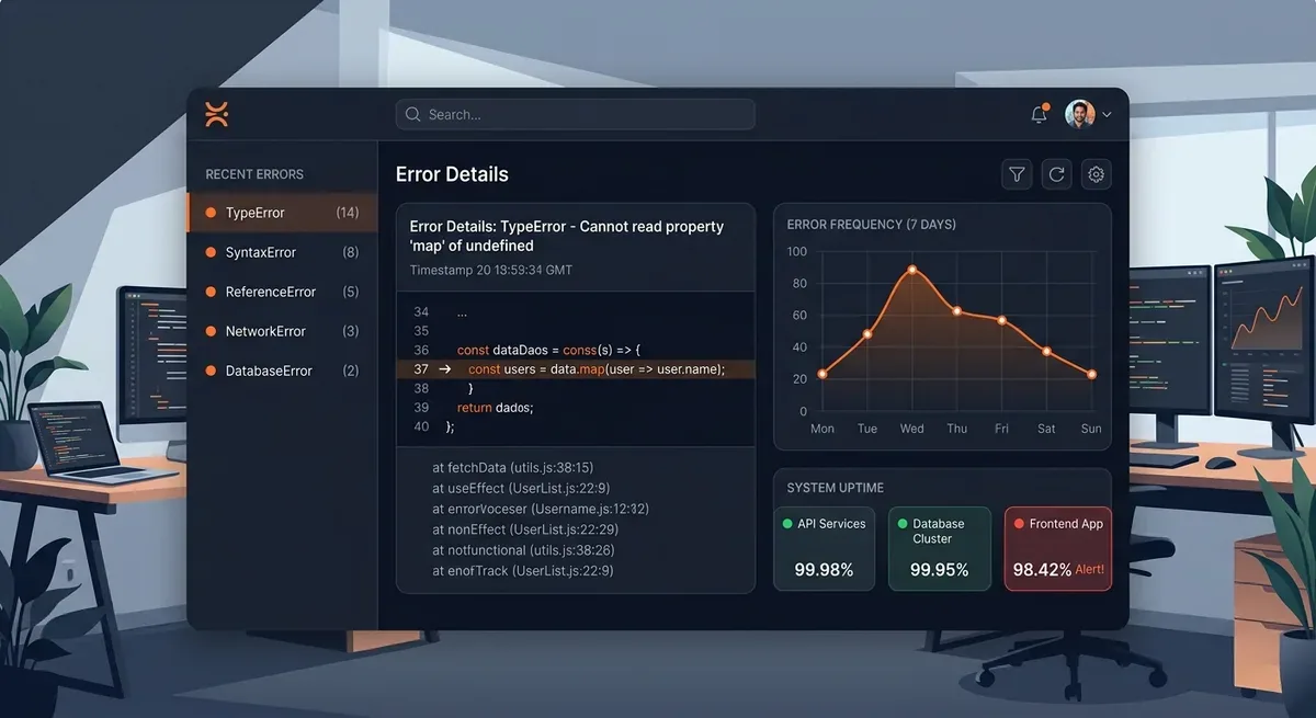 A modern dashboard UI mockup showing GlitchTip-style error tracking interface with a sidebar listing recent errors, a main panel displaying stack trace details, error count chart over time, and uptime status indicators, dark theme with orange accent colors