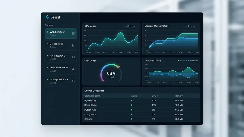A modern monitoring dashboard UI showing Beszel web interface with dark theme: left sidebar listing multiple servers with status indicators, main area displaying time-series charts for CPU usage, memory consumption, disk I/O, and network traffic, a section below showing Docker container stats in a table with per-container CPU and memory columns, clean typography, purple and blue accent colors