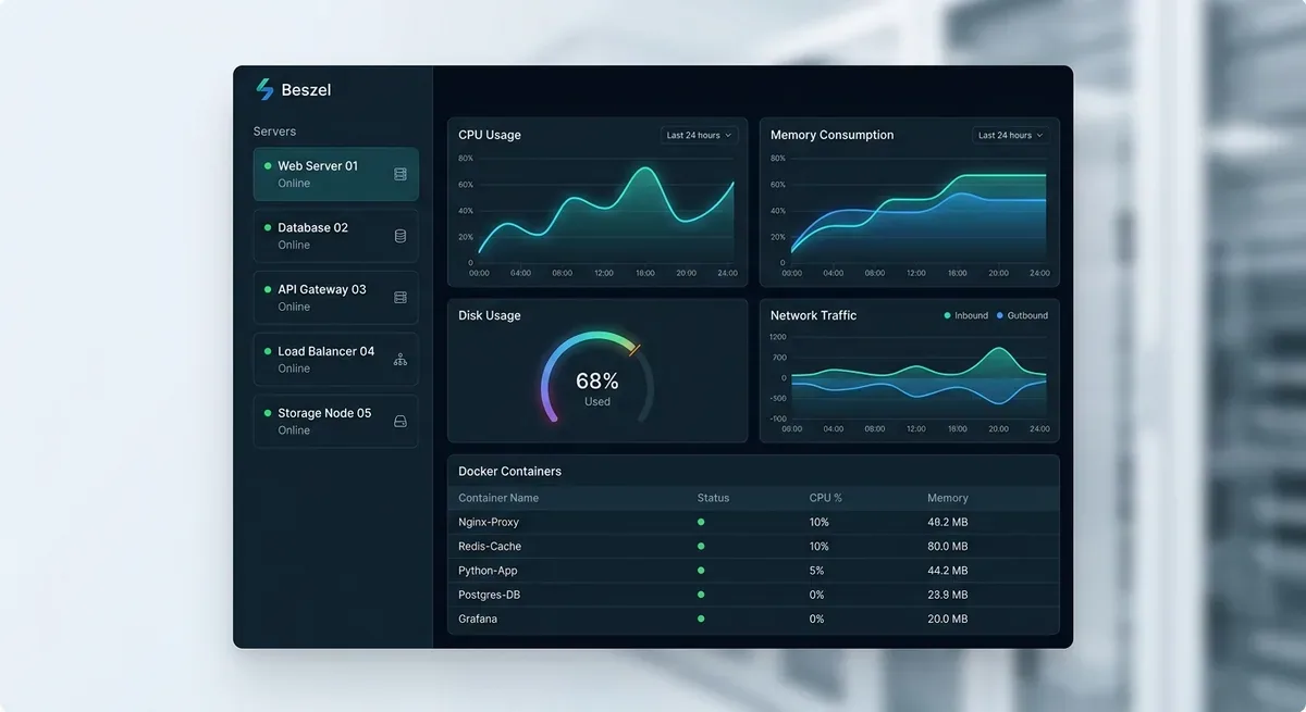 A modern monitoring dashboard UI showing Beszel web interface with dark theme: left sidebar listing multiple servers with status indicators, main area displaying time-series charts for CPU usage, memory consumption, disk I/O, and network traffic, a section below showing Docker container stats in a table with per-container CPU and memory columns, clean typography, purple and blue accent colors
