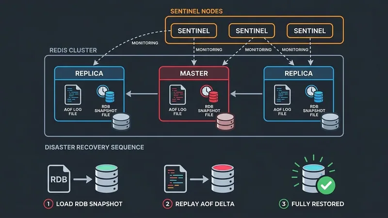 A production Redis architecture diagram showing a primary Redis node with both AOF and RDB enabled, connected to two replica nodes, with a Sentinel cluster monitoring all three nodes, arrows showing replication flow and AOF log files on disk for each node, disaster recovery flow shown at bottom with RDB snapshot restore then AOF replay sequence, professional dark theme technical diagram with red and blue accent colors