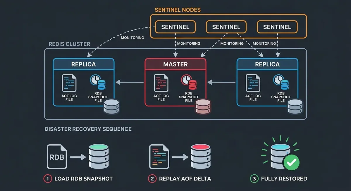 A production Redis architecture diagram showing a primary Redis node with both AOF and RDB enabled, connected to two replica nodes, with a Sentinel cluster monitoring all three nodes, arrows showing replication flow and AOF log files on disk for each node, disaster recovery flow shown at bottom with RDB snapshot restore then AOF replay sequence, professional dark theme technical diagram with red and blue accent colors
