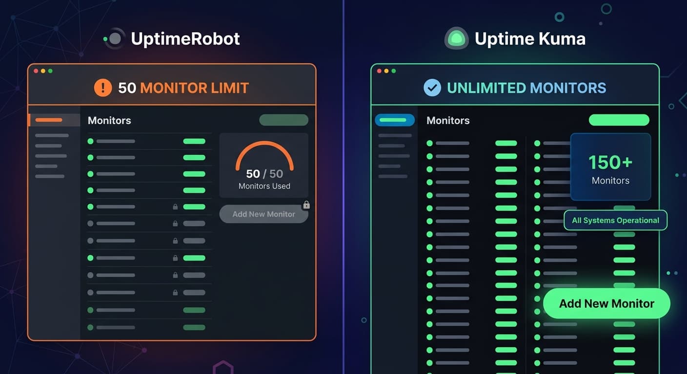 A split-screen comparison dashboard: left side shows UptimeRobot free plan with a warning badge saying 50 monitor limit, right side shows Uptime Kuma self-hosted dashboard with unlimited monitors listed, modern flat design with green status indicators and dark theme