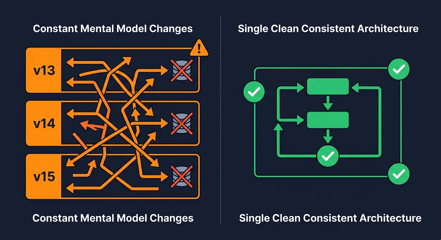 A split-screen comparison diagram: left side shows Next.js 13, 14, 15 as stacked layers with conflicting arrows representing changing caching strategies and mental models, right side shows a clean single-layer architecture with consistent patterns, dark background with orange and blue accent colors, flat modern design