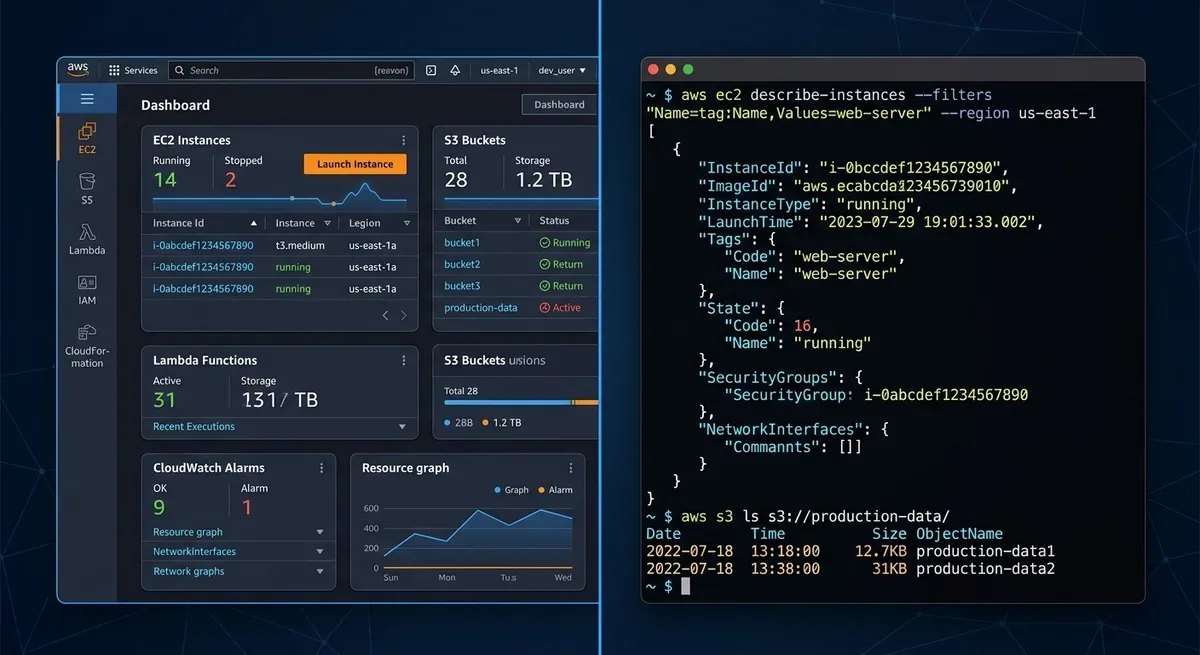 A split-screen developer workflow illustration showing left side: AWS Management Console UI with multiple service panels, right side: terminal window with AWS CLI commands and clean JSON output responses, modern dark theme with syntax highlighting