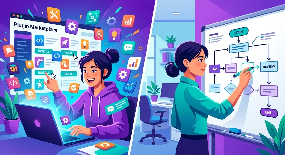 A split-screen illustration: left side shows a person happily clicking install buttons on a plugin marketplace with many colorful icons scattered around, looking excited but chaotic; right side shows the same person sitting at a whiteboard drawing a clean workflow diagram with connected boxes and arrows, looking focused and productive, modern flat illustration style with purple and teal colors