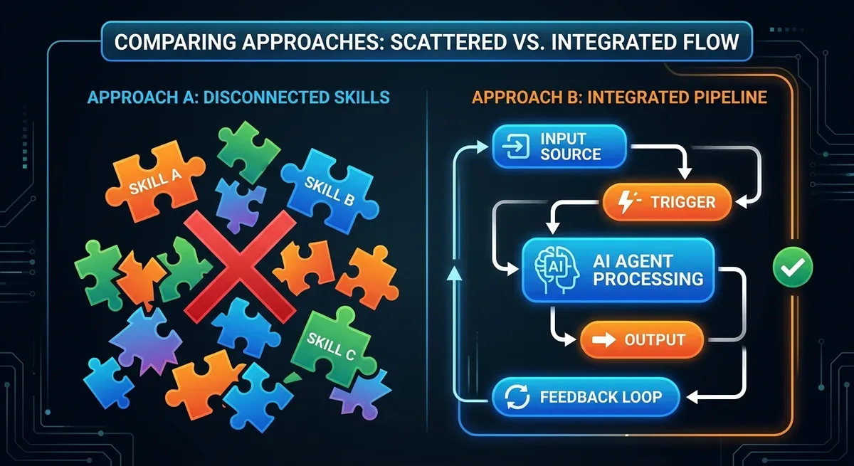 A step-by-step flowchart comparing two approaches: left side shows scattered puzzle pieces labeled Skill A, Skill B, Skill C with no connections; right side shows a clean pipeline flow from Input Source to Trigger to AI Agent Processing to Output to Feedback Loop, connected by arrows, modern flat design with blue and orange accent colors on dark background