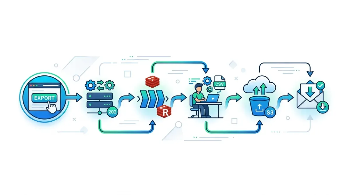 A step-by-step flowchart showing async export process: user clicks export button, backend returns 202 accepted, job enters Redis queue, worker processes data and creates file, uploads to S3 cloud storage, sends email notification with download link to user, clean flat design with blue and green accent colors on white background