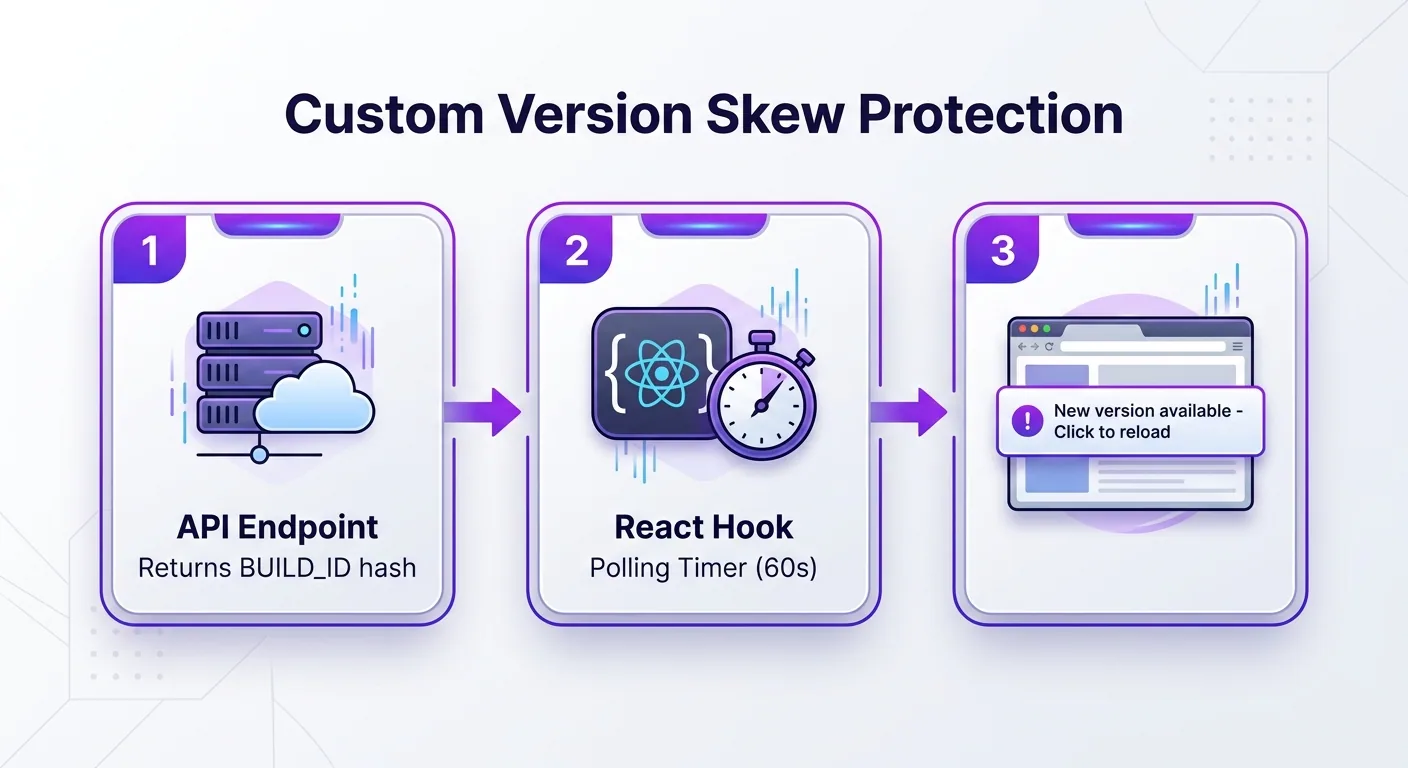 A step-by-step flowchart showing custom version skew protection implementation: Step 1 API endpoint returns BUILD_ID, Step 2 client hook polls endpoint every 60 seconds comparing versions, Step 3 toast notification prompts user to reload, arrows connecting each step in sequence, clean minimal flowchart style with purple accents on light background