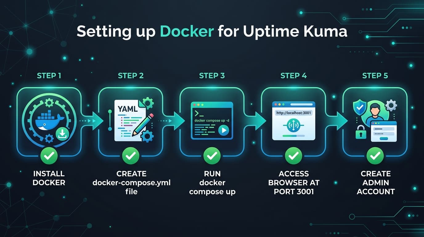 A step-by-step installation flowchart showing Docker setup for Uptime Kuma: Install Docker arrow to Create docker-compose.yml arrow to Run docker compose up arrow to Access browser at port 3001 arrow to Create admin account, using modern flat icons with green checkmarks at each step, dark background with teal accent colors