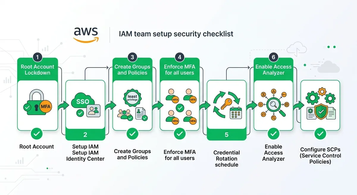 A step-by-step security checklist flowchart for AWS IAM team setup: root lockdown → enable SSO/Identity Center → create groups with least privilege policies → enforce MFA → setup credential rotation → enable Access Analyzer → configure SCPs, using green checkmarks and connected boxes, modern flat design with AWS color palette