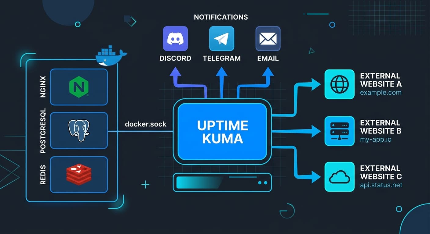 A technical diagram showing Uptime Kuma monitoring architecture: central Uptime Kuma container connected via Docker socket to other containers like Nginx, PostgreSQL, Redis, and also connected via HTTP to external websites, with notification arrows going to Discord, Telegram, and Email icons, clean flat design with dark background