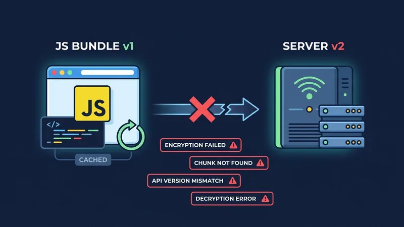 A technical diagram showing version skew: on the left a browser with old JS bundle v1 sending a request, on the right a server running new code v2, a red X between them indicating mismatch, arrows showing failed request/response, clean flat design with dark background