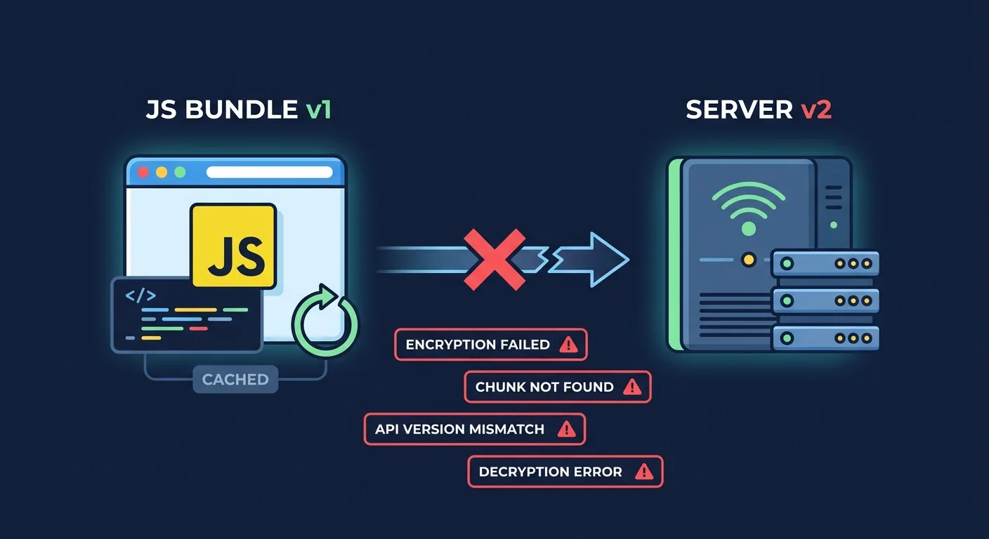 A technical diagram showing version skew: on the left a browser with old JS bundle v1 sending a request, on the right a server running new code v2, a red X between them indicating mismatch, arrows showing failed request/response, clean flat design with dark background