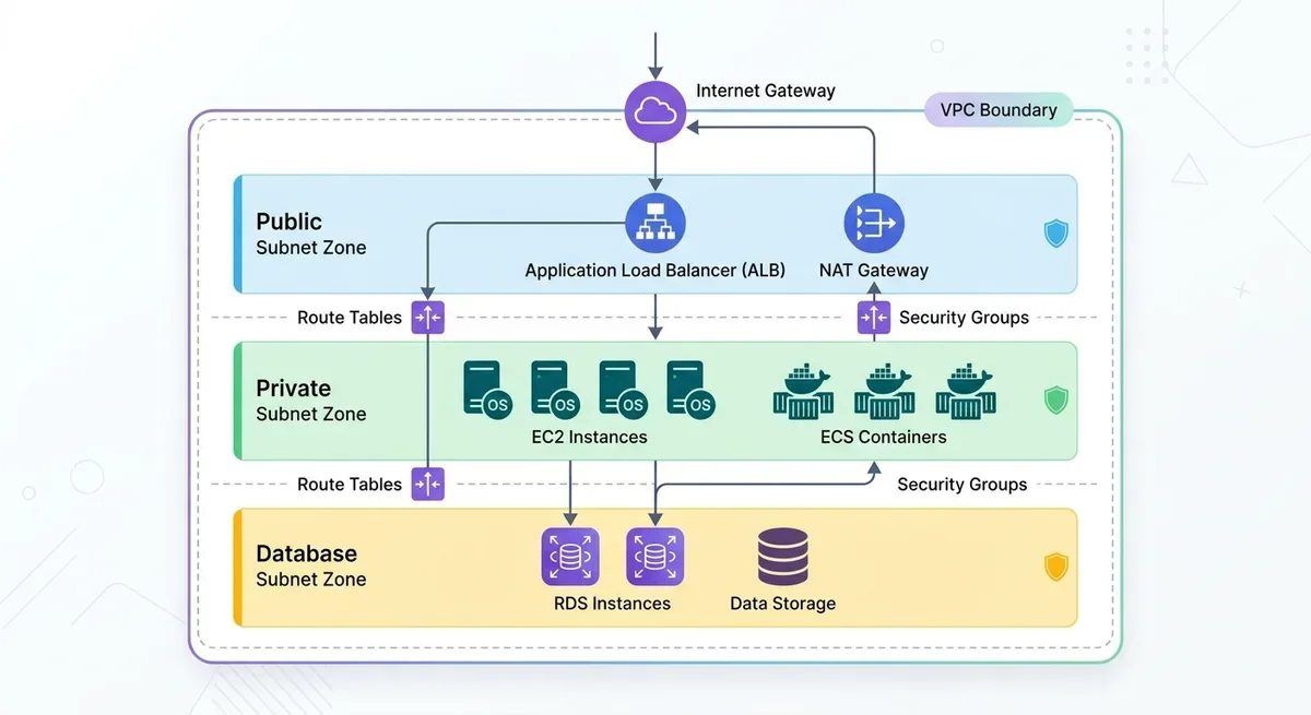 A technical VPC architecture diagram showing a VPC boundary containing public subnets with ALB and NAT Gateway, private subnets with EC2 instances and ECS containers, database subnets with RDS, connected by route tables and an Internet Gateway on the edge, clean flat design with color-coded subnet zones