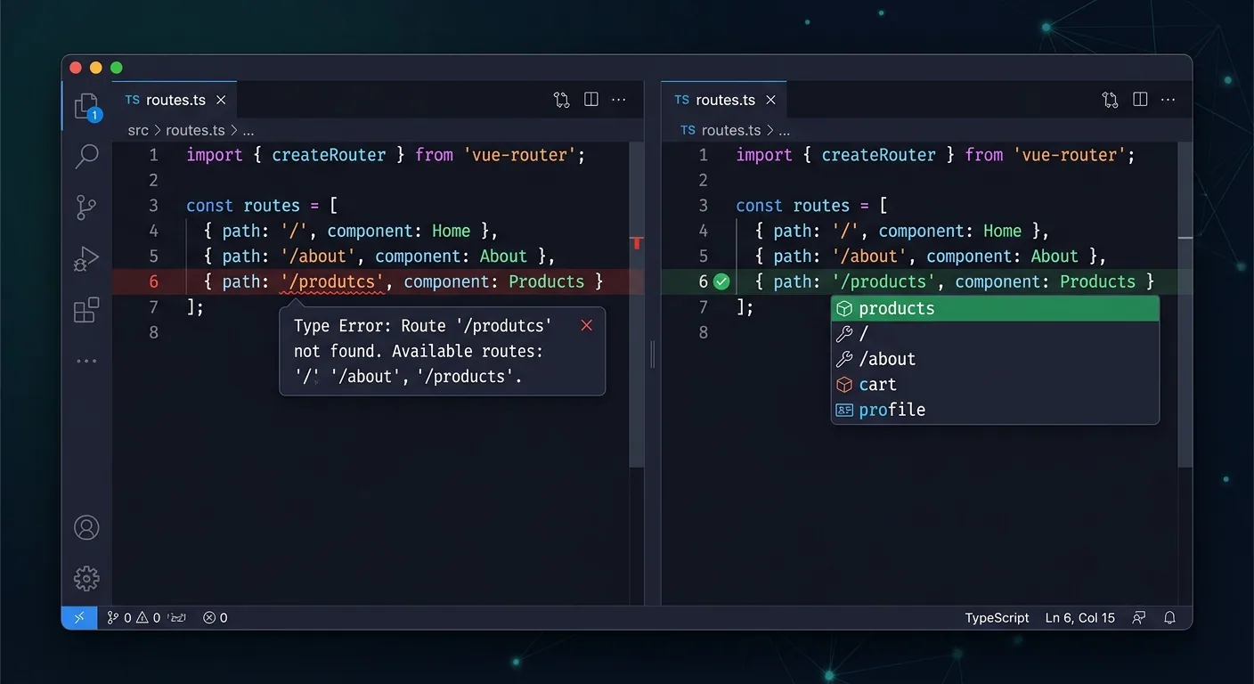 An illustration showing type safety in routing: on the left a code editor with red squiggly underlines on incorrect route parameters and TypeScript error tooltip, on the right the same code with correct parameters showing green checkmarks, split by a vertical divider, dark code editor theme with syntax highlighting