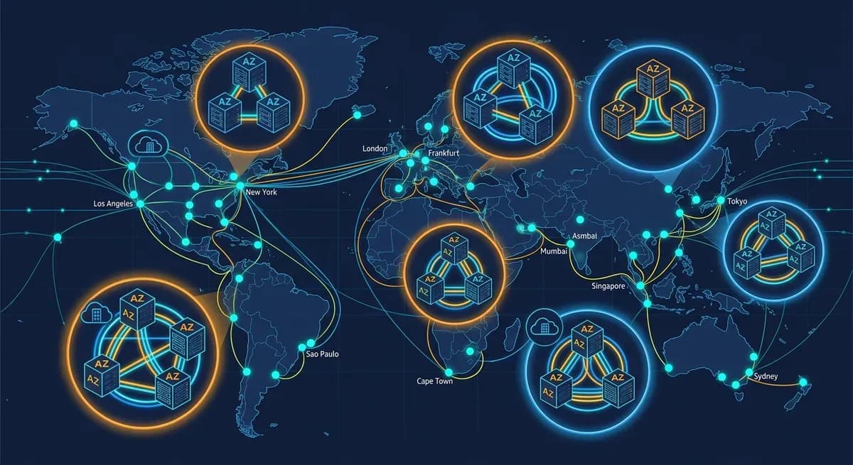AWS Global Infrastructure diagram showing Regions as large geographic circles containing multiple Availability Zone boxes connected by fiber lines, with Edge Location dots scattered globally near major cities, clean flat design on dark navy background