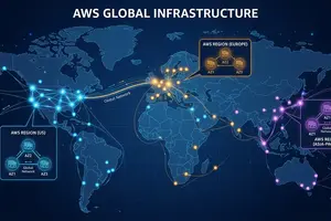 AWS Global Infrastructure diagram showing Regions connected to multiple Availability Zones, with Edge Locations spread globally, arrows indicating data flow, clean flat design on dark blue background