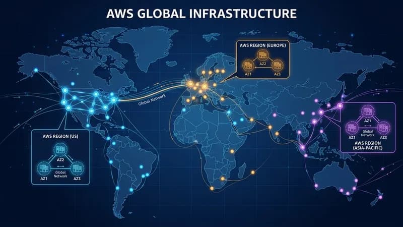 AWS Global Infrastructure diagram showing Regions connected to multiple Availability Zones, with Edge Locations spread globally, arrows indicating data flow, clean flat design on dark blue background