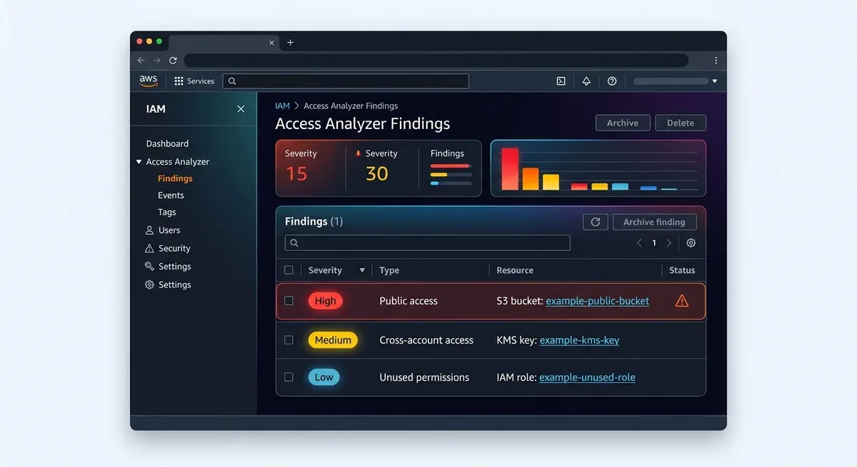 AWS IAM Access Analyzer dashboard showing a findings panel with detected external access issues, a world map indicating cross-account access origins, and policy recommendations panel, modern AWS console dark theme UI mockup