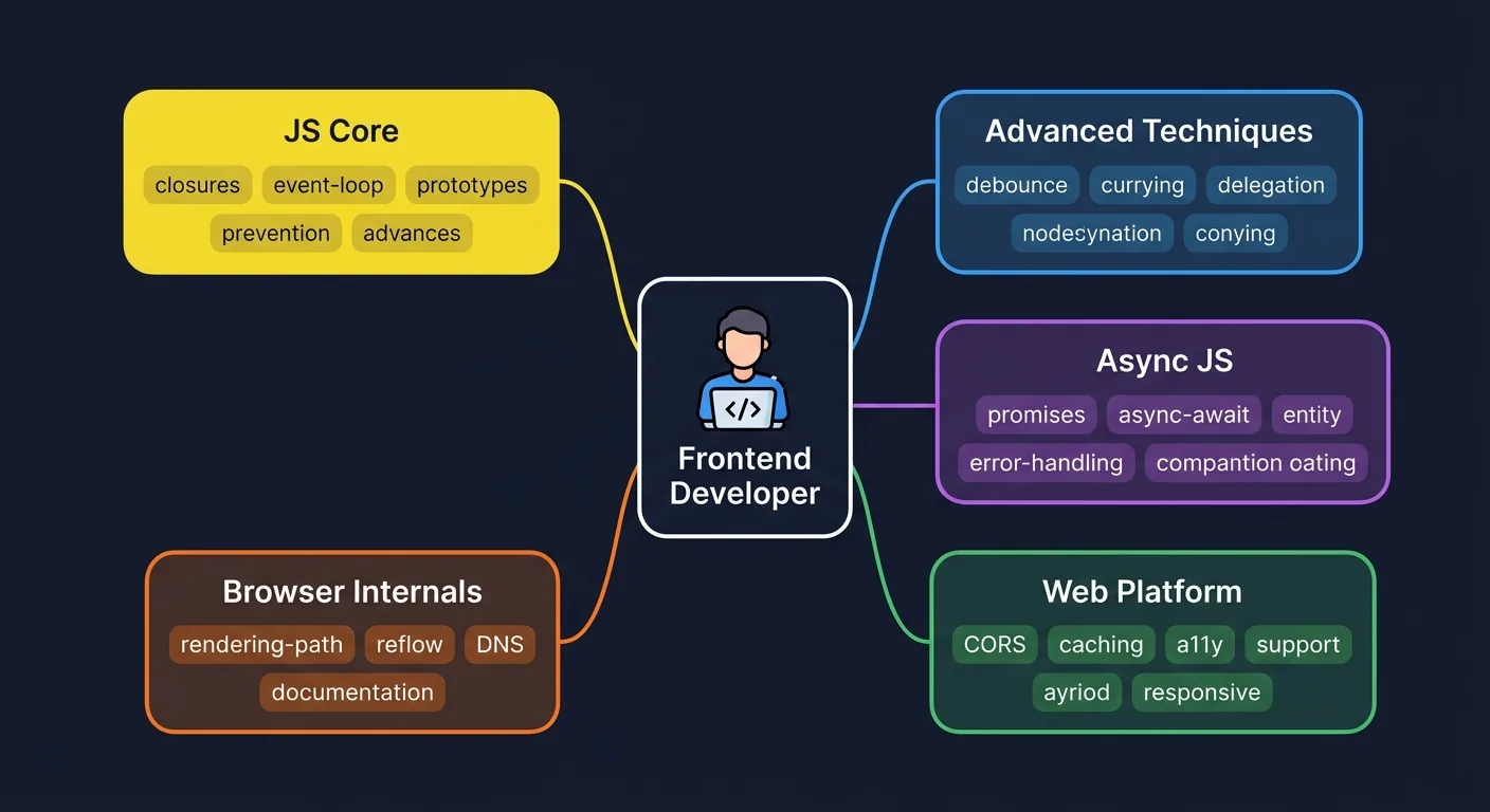Bản đồ tổng quan 5 nhóm kiến thức frontend: ở trung tâm là biểu tượng Frontend Developer, xung quanh là 5 nhóm xếp thành vòng tròn gồm JS Core (màu vàng), Advanced Techniques (màu xanh dương), Async JS (màu tím), Browser Internals (màu cam), và Web Platform (màu xanh lá), mỗi nhóm có 5-6 keywords bên trong, phong cách mind map hiện đại
