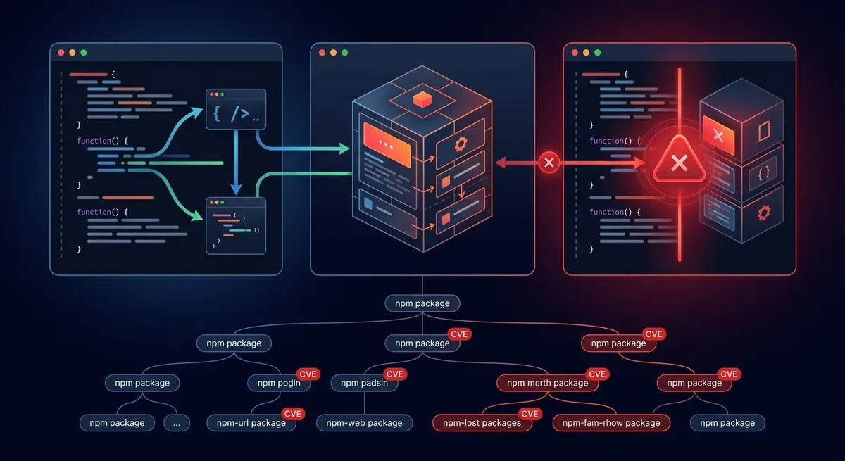 Diagram illustrating cross-boundary vulnerability detection in SonarQube Advanced Security, showing user application code on left connected by data flow arrows through a third-party library in the middle, with a vulnerability icon appearing at the intersection point, plus a dependency tree showing transitive dependencies with CVE warning badges, dark background with red and orange warning colors