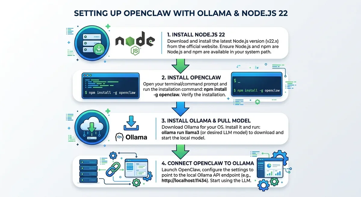 Flowchart các bước setup OpenClaw kết hợp Ollama