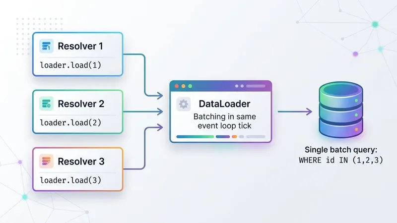 Flowchart minh họa cách DataLoader hoạt động: 3 resolver gọi loader.load(id1), loader.load(id2), loader.load(id3) trong cùng event loop tick, DataLoader gom lại thành 1 batch query duy nhất đến database, kết quả được phân phối ngược lại cho từng resolver, style flat design hiện đại với nền tối và accent màu tím