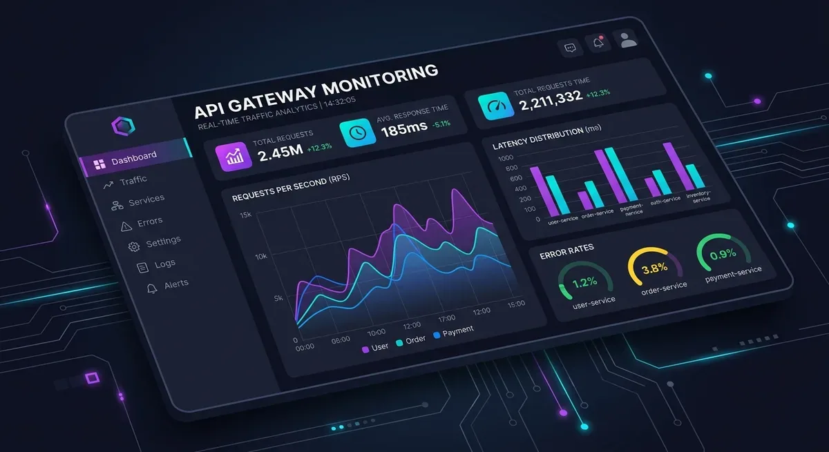 Giao diện dashboard monitoring của API Gateway hiển thị biểu đồ traffic theo thời gian thực, các metrics về latency, error rate, và request count cho từng service, thiết kế dark theme hiện đại