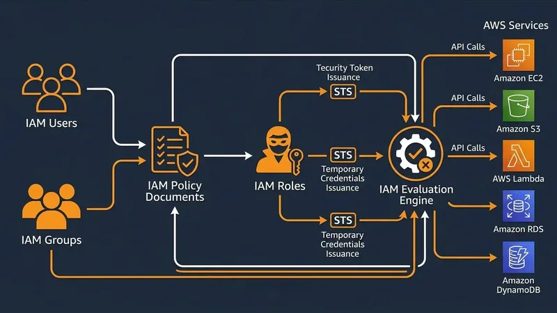 IAM architecture diagram showing the relationship between Users, Groups, Roles, and Policies with arrows indicating policy attachment, STS token flow for roles, and API call evaluation path, clean flat design on dark background