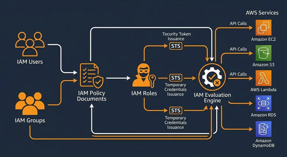 IAM architecture diagram showing the relationship between Users, Groups, Roles, and Policies with arrows indicating policy attachment, STS token flow for roles, and API call evaluation path, clean flat design on dark background
