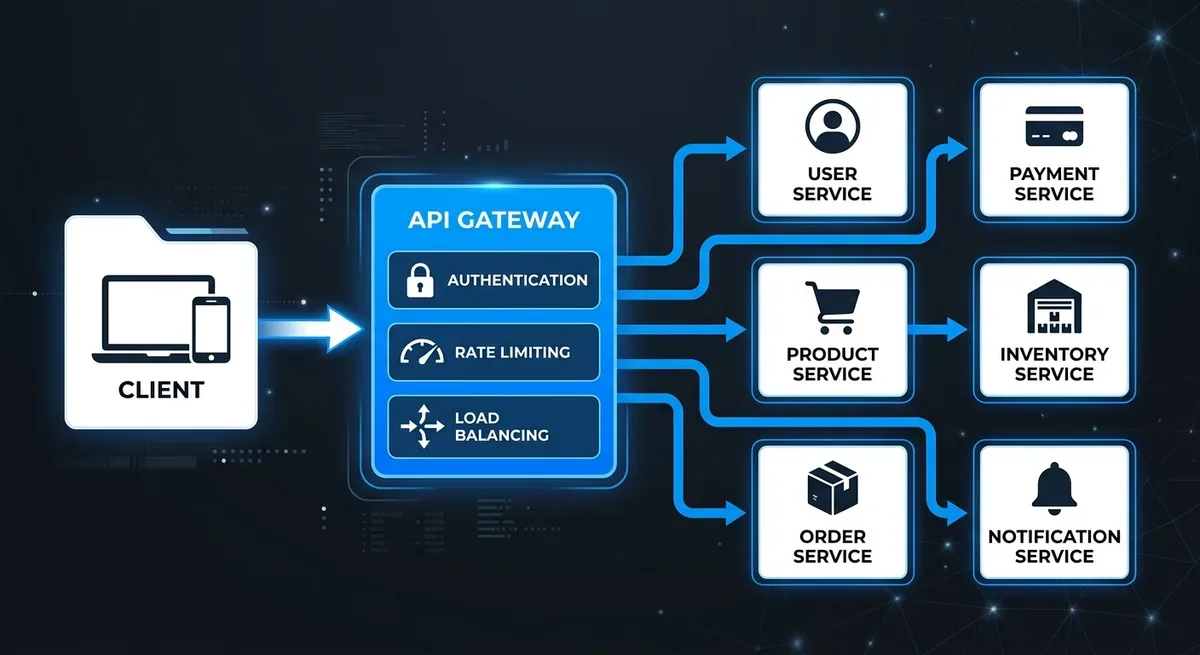 Kiến trúc microservices với API Gateway ở giữa