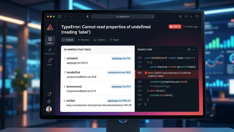 Màn hình Sentry dashboard hiển thị một error với stack trace đã được de-minify: hiện đúng tên file gốc như app/page.tsx, đúng line number, có code context hiển thị đoạn code xung quanh dòng lỗi