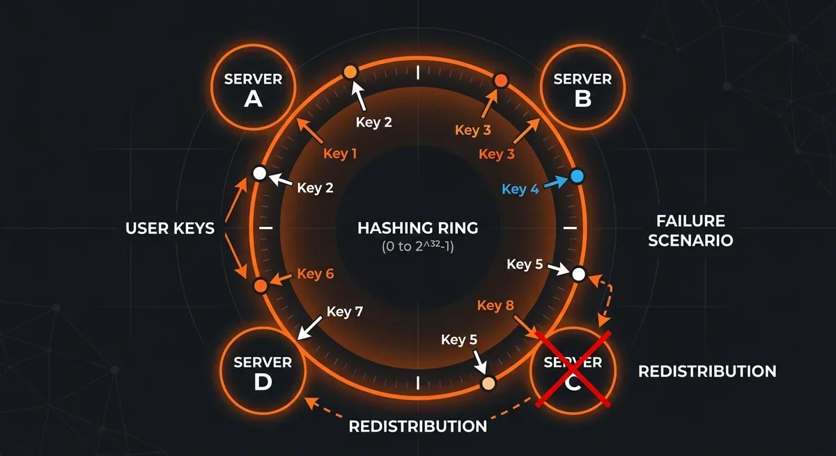 Minh họa consistent hashing ring: một vòng tròn lớn với các điểm server A, B, C, D phân bố trên vòng, các key của user được hash và đặt trên vòng tròn, mũi tên chỉ mỗi key đi theo chiều kim đồng hồ tới server gần nhất, một server bị đánh dấu X cho thấy khi server chết thì traffic chỉ chuyển sang server kế tiếp trên vòng, phong cách technical diagram sạch sẽ, nền tối, màu cam và trắng