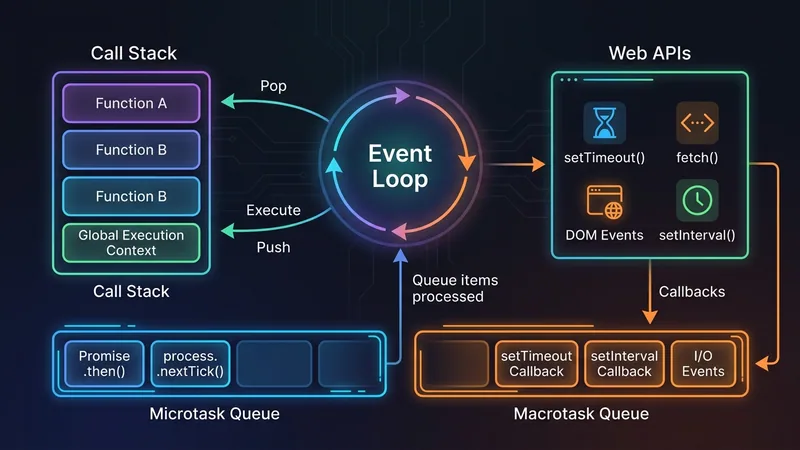 Minh họa event loop trong JavaScript: một vòng tròn trung tâm ghi "Event Loop" với các mũi tên kết nối đến Call Stack (hình chồng các khối), Microtask Queue (hàng đợi màu xanh chứa Promise), Macrotask Queue (hàng đợi màu cam chứa setTimeout), và Web APIs, nền tối, phong cách flat design hiện đại