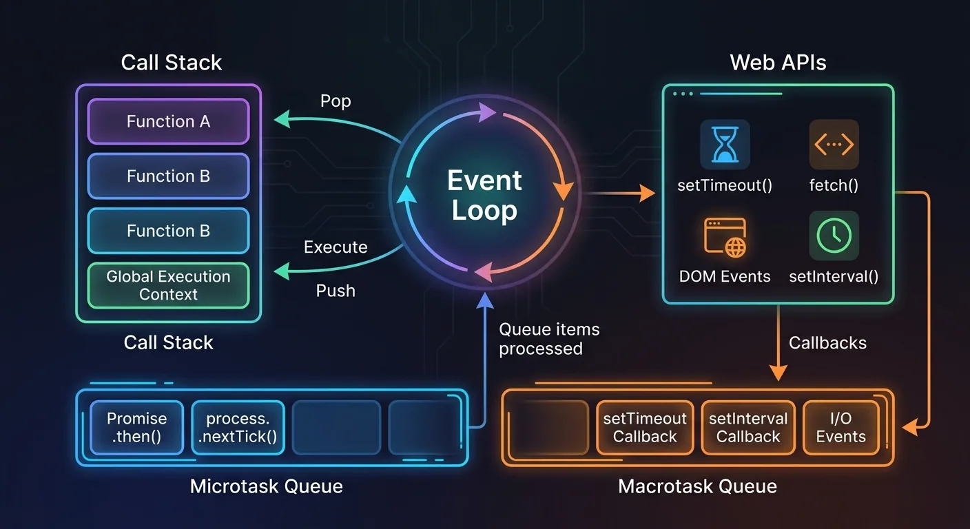 Minh họa event loop trong JavaScript: một vòng tròn trung tâm ghi "Event Loop" với các mũi tên kết nối đến Call Stack (hình chồng các khối), Microtask Queue (hàng đợi màu xanh chứa Promise), Macrotask Queue (hàng đợi màu cam chứa setTimeout), và Web APIs, nền tối, phong cách flat design hiện đại