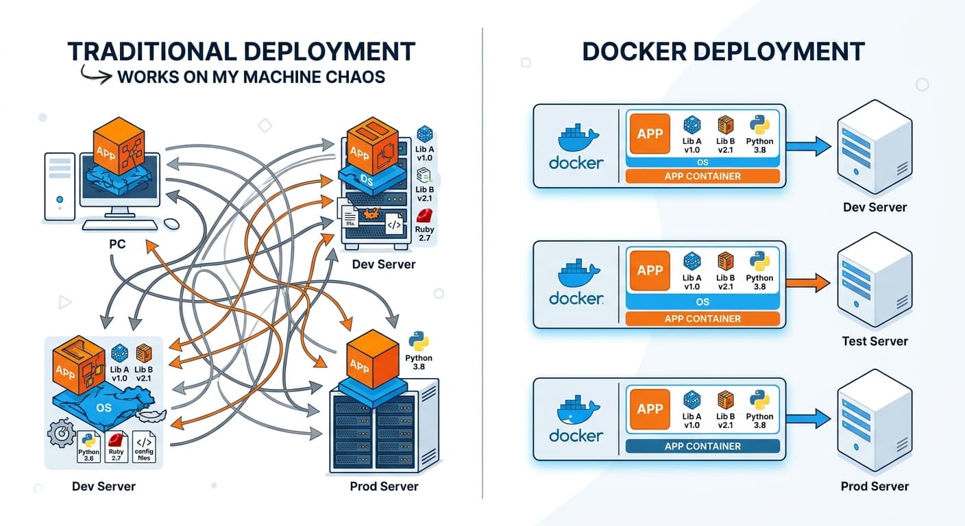 Minh họa so sánh cách deploy truyền thống và deploy bằng Docker