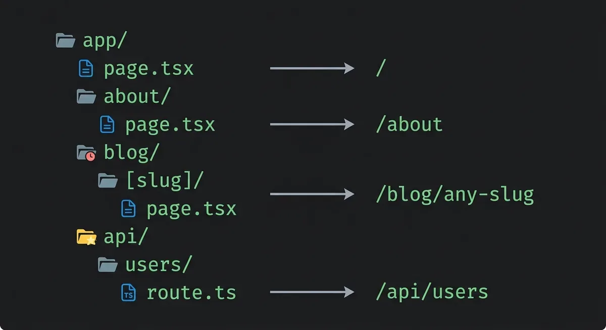 Next.js App Router project structure diagram showing folder tree with app directory containing layout.tsx and page.tsx files, components folder, lib folder, with arrows showing how file paths map to URL routes, dark theme code editor style visualization