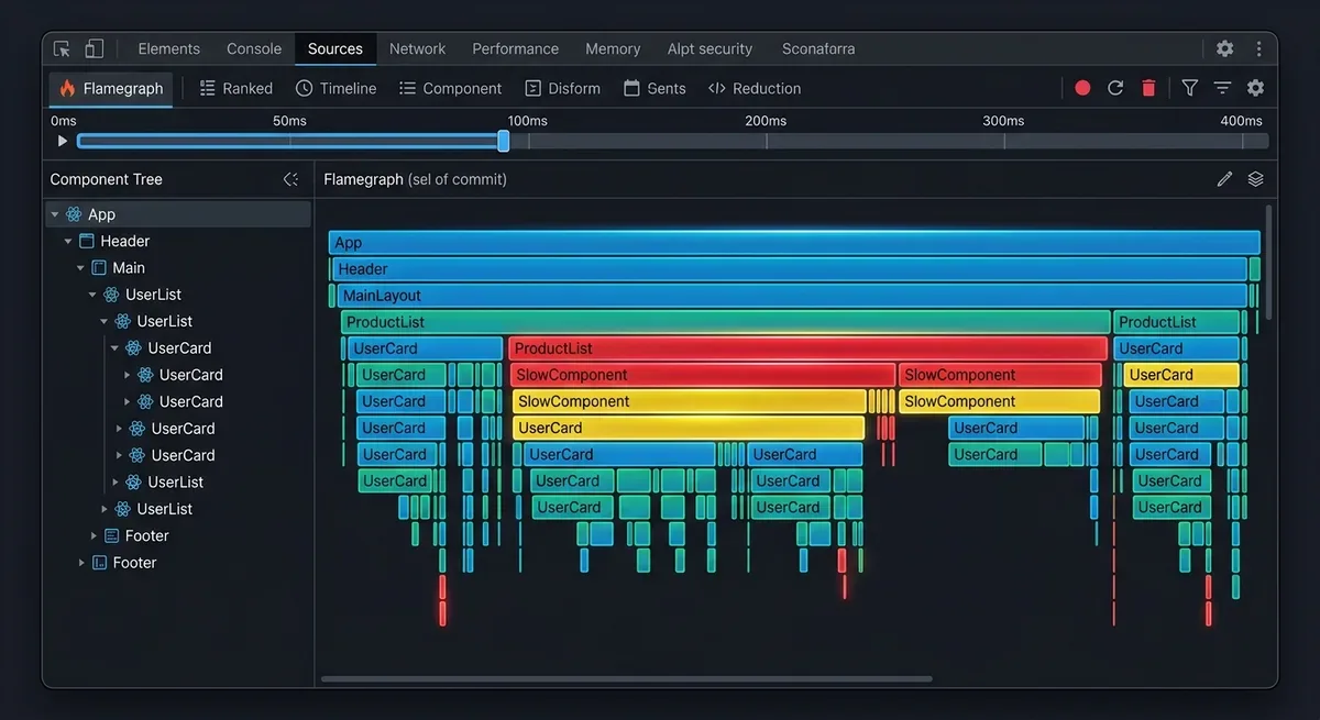 React DevTools Profiler flamegraph showing component render times with highlighted re-renders, color-coded bars representing render duration, dark theme developer tools interface with component tree on left and timeline on right