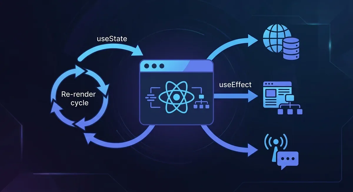 React hooks data flow diagram showing useState triggering re-render, useEffect syncing with external systems like API and DOM, arrows connecting component state to side effects, clean minimal style with blue and purple accents on dark background