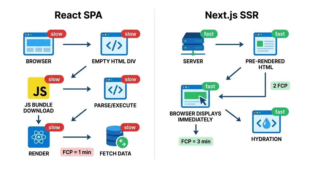 React SPA vs Next.js rendering flow comparison showing left side: browser receiving empty HTML then downloading JS bundle then rendering, right side: server sending pre-rendered HTML instantly to browser, with timing arrows showing FCP difference, clean flat design on white background