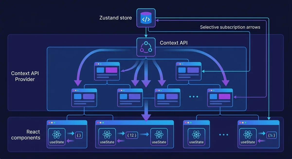 React state management architecture diagram showing local state with useState staying inside components, Context API wrapping a component tree, and Zustand store sitting outside the tree with selective subscriptions via arrows, clean flat design with blue and purple color scheme