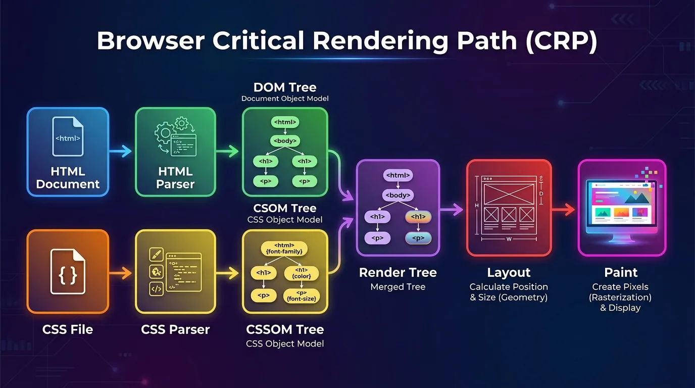 Sơ đồ Critical Rendering Path của browser: luồng từ trái sang phải bắt đầu từ HTML Document đi qua HTML Parser thành DOM Tree, CSS Stylesheet đi qua CSS Parser thành CSSOM Tree, hai cây merge thành Render Tree, rồi qua Layout và cuối cùng là Paint, mỗi bước là một khối với icon minh họa, có mũi tên chỉ hướng, nền gradient tối