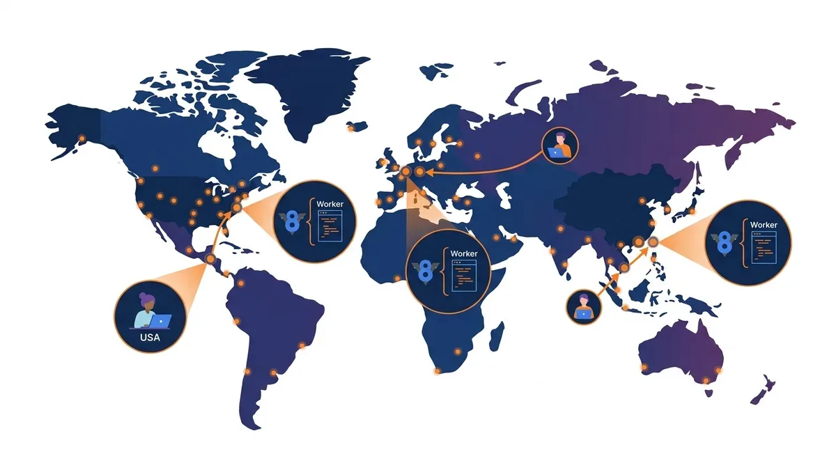 Sơ đồ kiến trúc Cloudflare Workers: một user request từ nhiều vị trí địa lý khác nhau (Việt Nam, Mỹ, Đức) được route đến edge node gần nhất trong mạng lưới 300+ node toàn cầu của Cloudflare, mỗi node chứa V8 isolate chạy Worker script, nền tối với các đường kết nối màu cam