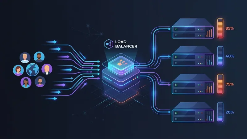 Sơ đồ kiến trúc load balancer: một khối "Users" bên trái gửi nhiều mũi tên request vào một khối "Load Balancer" ở giữa, từ đó phân phối ra 4 server bên phải với mức tải khác nhau được thể hiện bằng thanh progress bar, nền tối, thiết kế flat, màu xanh dương và tím làm chủ đạo