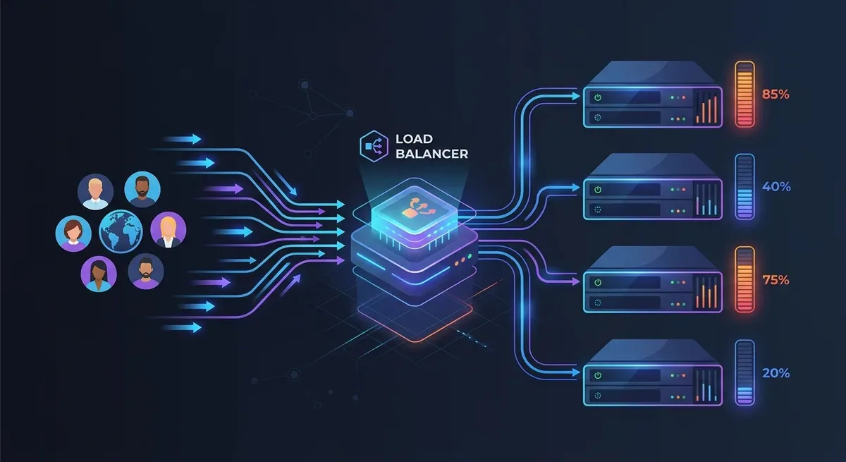 Sơ đồ kiến trúc load balancer: một khối "Users" bên trái gửi nhiều mũi tên request vào một khối "Load Balancer" ở giữa, từ đó phân phối ra 4 server bên phải với mức tải khác nhau được thể hiện bằng thanh progress bar, nền tối, thiết kế flat, màu xanh dương và tím làm chủ đạo