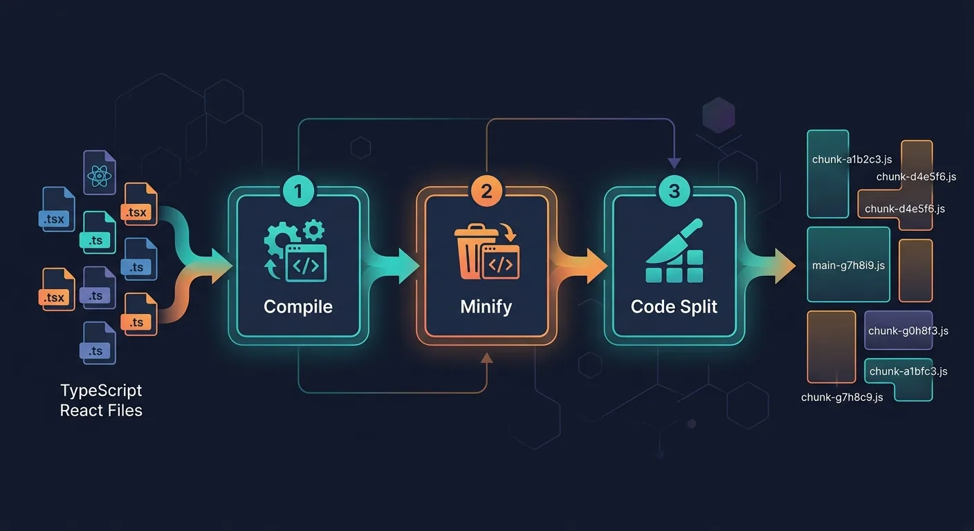Sơ đồ minh họa quá trình build Next.js: từ file TypeScript/React gốc đi qua compile, minify, code splitting, ra thành các chunk files nhỏ với tên ngẫu nhiên, nền tối, phong cách flat design với mũi tên nối các bước