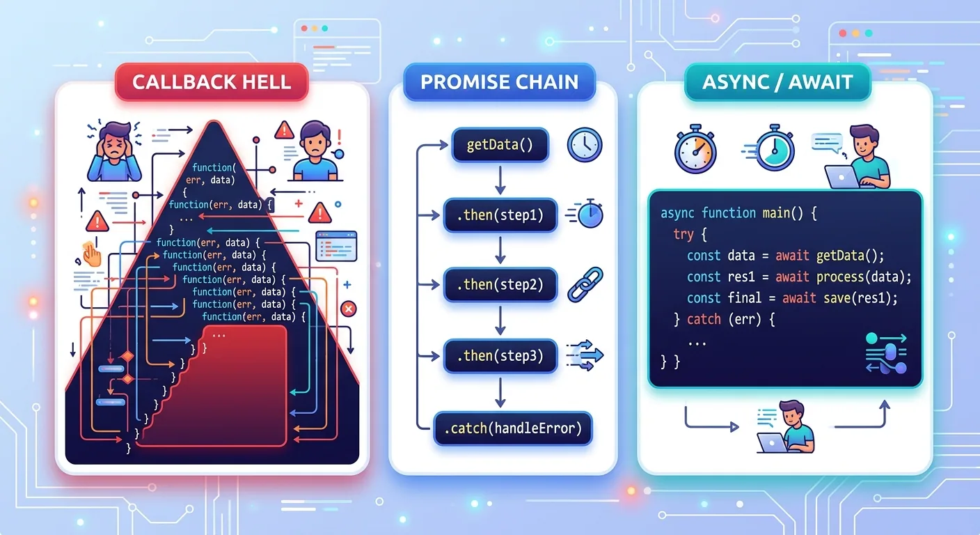 Sơ đồ so sánh 3 cách xử lý async trong JavaScript: bên trái là Callback Hell với các hàm lồng nhau tạo hình kim tự tháp, ở giữa là Promise Chain với các .then() nối tiếp nhau, bên phải là async/await với code phẳng dễ đọc, mỗi phần có highlight màu khác nhau, nền trắng, phong cách code editor